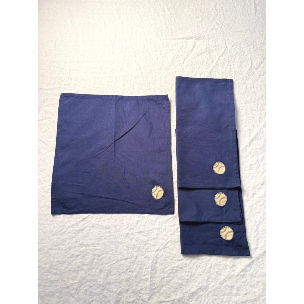 Pottery Barn Kids Napkins OS Navy Blue Baseball Organic Cotton Fabkins Set of 4